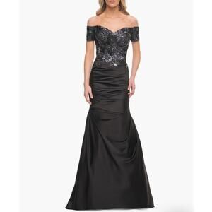 La Femme 30404 Black Off Shoulder Embroidered Bodice Satin Mermaid Gown Sz 6 NWT